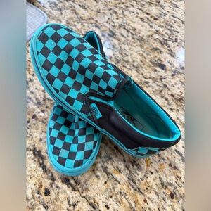 Vans Kids Teal and Black Checkered Slip-On Sneakers